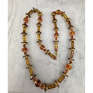 Vintage Orange Brown Beaded Necklace Gold Tone 32"